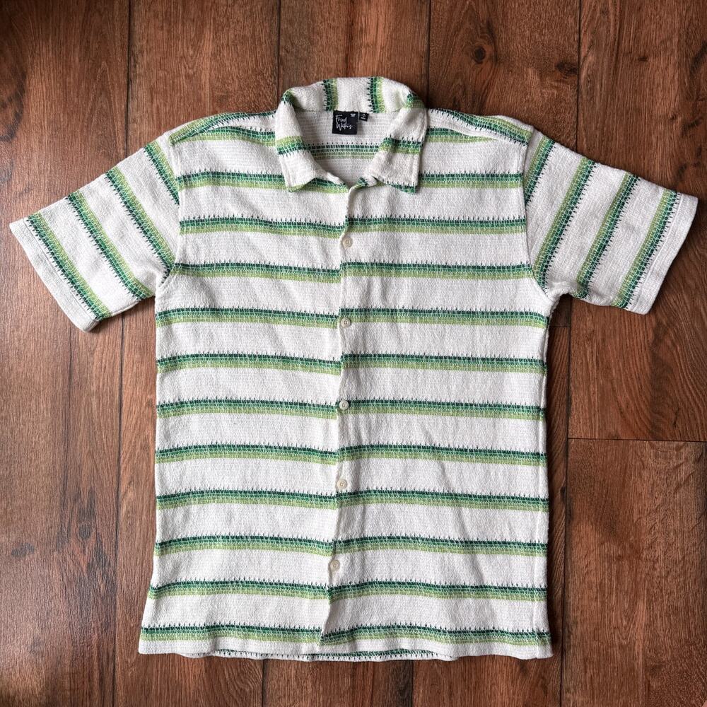Fried Waters Striped Shirt Mens M Button Up Textured Green White Short Sleeve